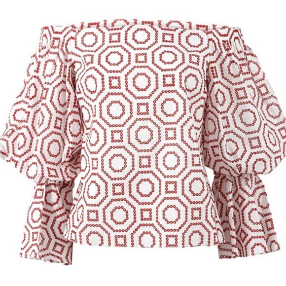 Alexis Micael Red White Eyelet Embroidered Off The Shoulder Bell Sleeve Top Med - Picture 13 of 16